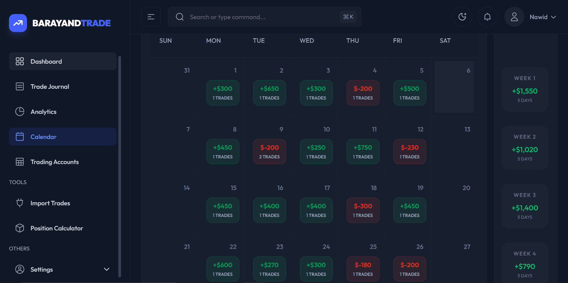 BarayandTrade dashboard preview in dark mode